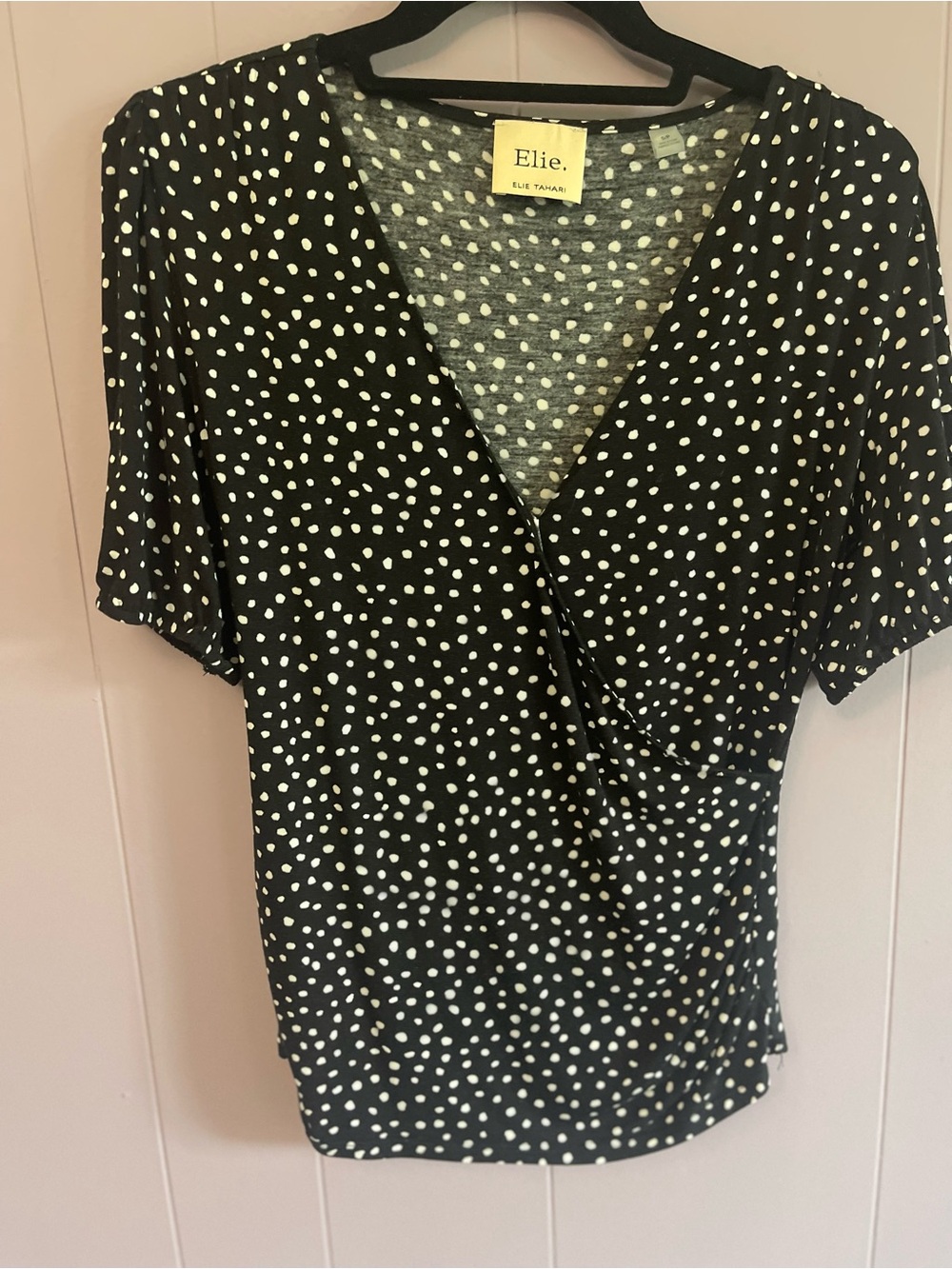 Elie Tahari Black and White Polka Dot Wrap-Front Blouse